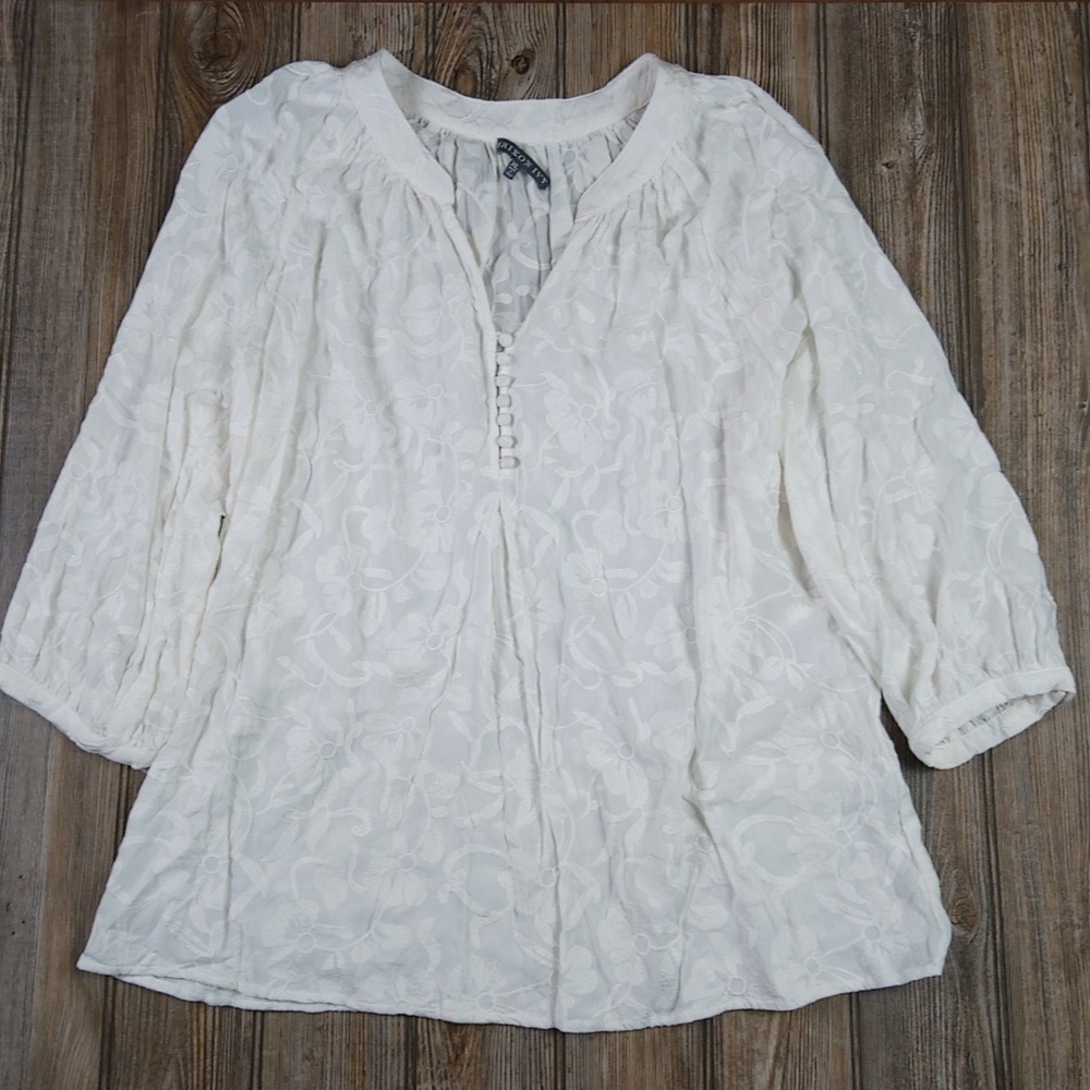 Brixon Ivy Lacey Floral White Quarter Button Blouse Top